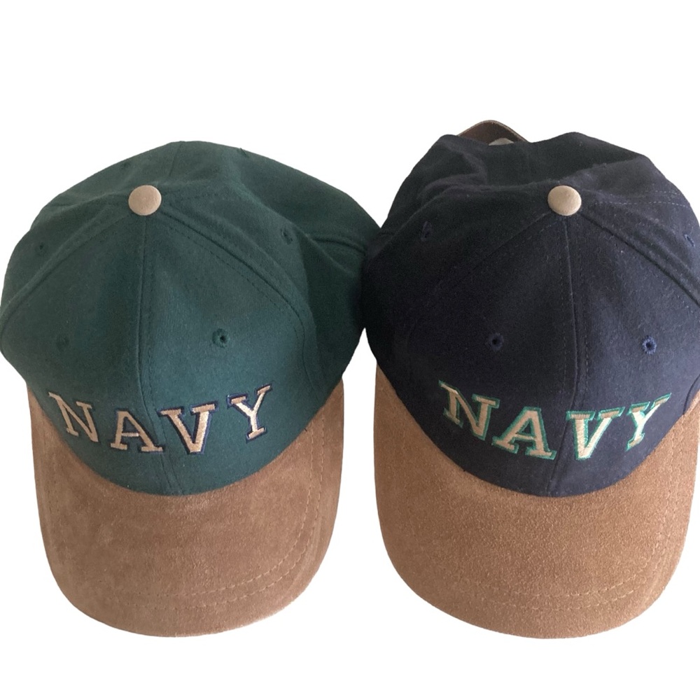 Vintage NAVY Blue and Green Suede Bill Hat Cap Lot of 2